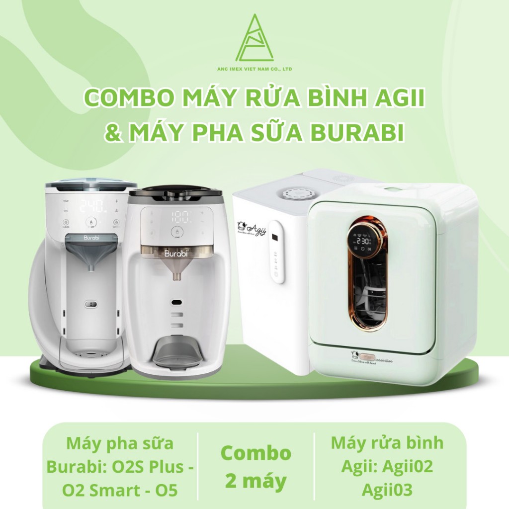 Combo máy rửa bình Agii + máy pha sữa Burabi