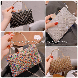 Túi nữ đi tiệc đính đá sang trọng, ví cầm tay dự tiệc đá cao cấp có dây đeo chéo