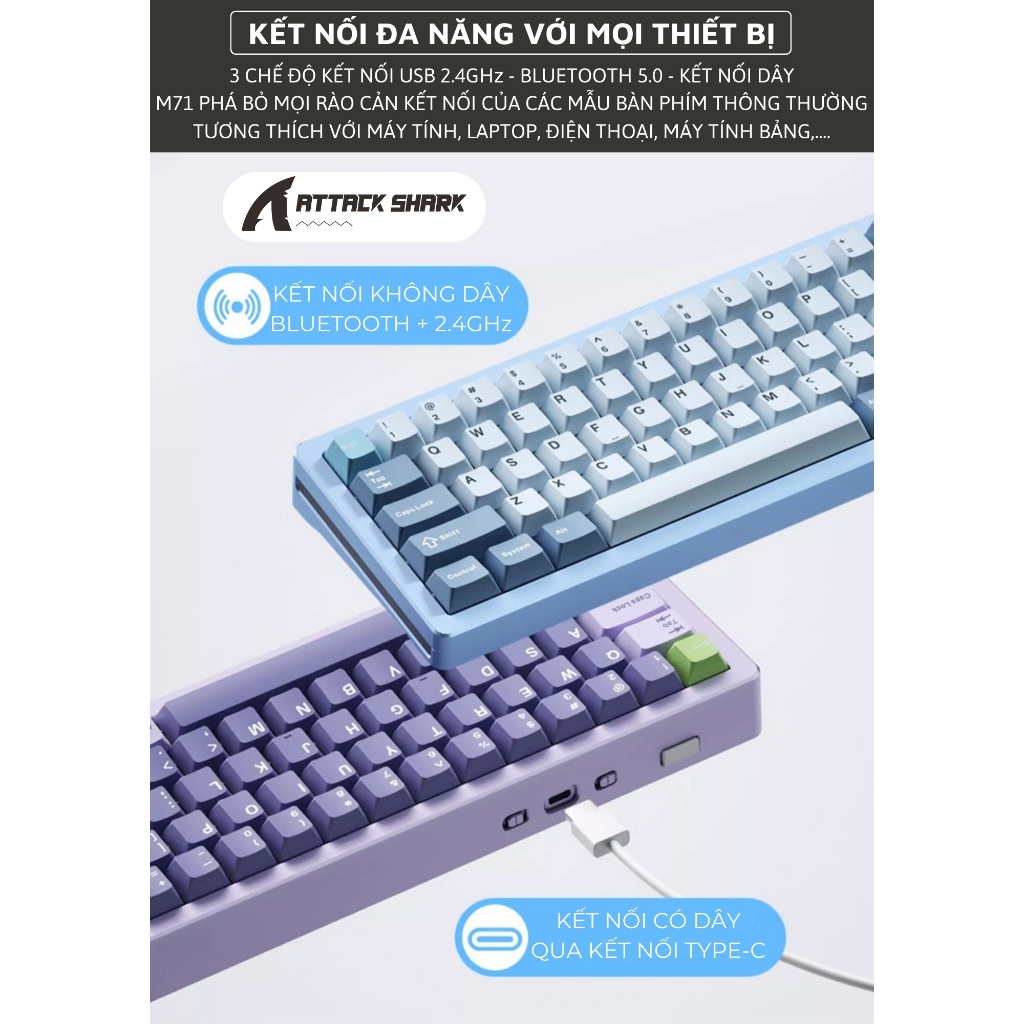 Bàn Phím Cơ Bluetooth Cao Cấp Attack Shark M71 New 2024 Khung Nhôm CNC LED RGB 3 MODE Hotswap 5 Pin | BigBuy360 - bigbuy360.vn
