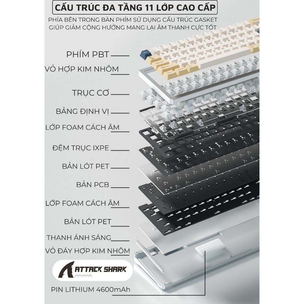 Bàn Phím Cơ Bluetooth Cao Cấp Attack Shark M71 New 2024 Khung Nhôm CNC LED RGB 3 MODE Hotswap 5 Pin | BigBuy360 - bigbuy360.vn