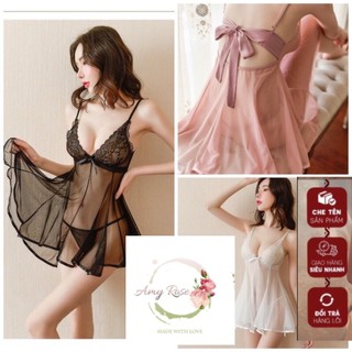 Váy ngủ sexy đầm nữ 2 dây viền lụa thắt nơ lưng đồ ngủ gợi cảm tiểu thư-amy rose