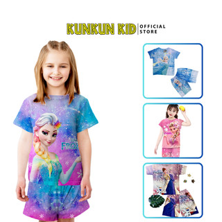 Quần áo bé gái thun lạnh in 3d tay ngắn hoạt hình công chúa elsa Kunkun Kid TP263-240-825-1053 size đại từ 10-60kg