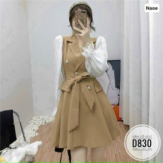 Đầm váy nữ cổ vest tay dài phối voan lụa kèm dây cột eo thanh lịch trẻ trung dự tiệc, đi chơi dạo phố vip 133