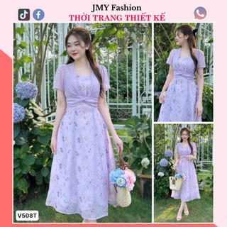 V508 Váy đầm tơ tím hoa nhí xòe xoắn eo nữ tính [TH Hà Thanh] Váy xòe tím hoa nhí đi biển tiểu thư