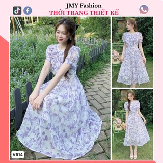 V514 Váy voan hoa tím xòe midi nữ tính [TH Hà Thanh] váy hoa tím xòe đi biển