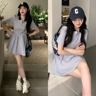 [SHOPPUMI] Đầm SM kẻ xanh phối cổ có nút ngực tay ngắn freesize Pumi 15852