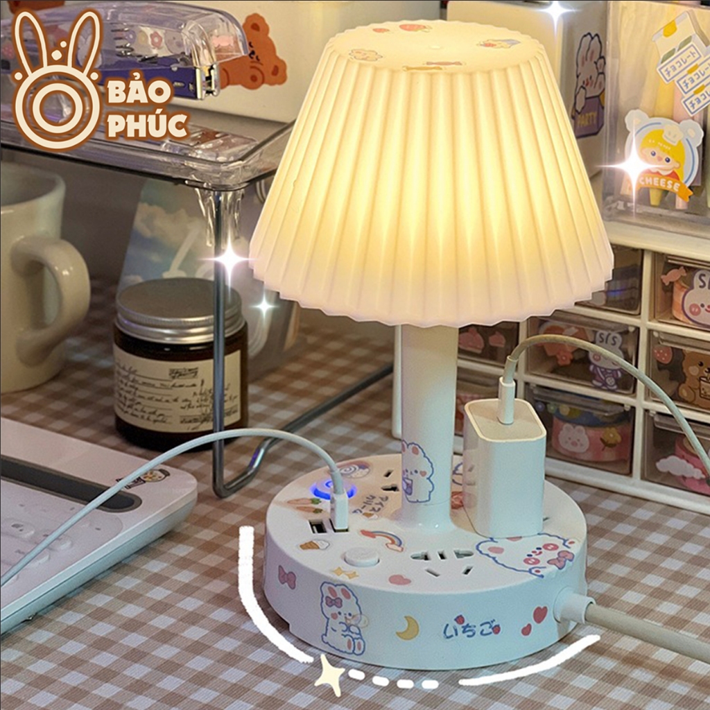 Đèn bàn có ổ cắm sạc USB - Đèn ngủ và giá đỡ điện thoại tiện lợi dây cắm dài 0,8m 1,8m 2,8m 2 màu trắng và hồng