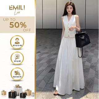 Áo ghi lê mix chân váy xoè Emili dáng váy dài, áo kiểu nữ thanh lịch chất liệu chéo hàn 