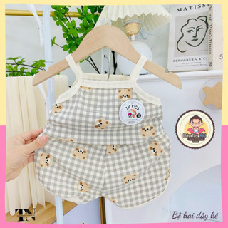 Bộ đồ áo hai dây sọc caro nhiều màu sắc cho bé gái Dâu Tây Kid, vải tăm tre mát mùa hè 2024, từ 6-16kg, DAUTAY07