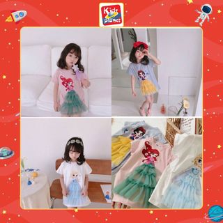 Áo phông in hoạ tiết công chúa kèm chân váy ren lưới gắn nổi cho bé gái 10-30kg (Cao từ 90-140cm) (N00746)
