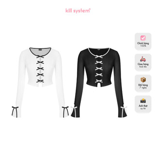 Áo tay dài Killsystem dáng ôm cổ tròn viền đính nơ tay ống loe Sam