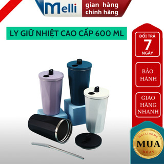Ly giữ nhiệt inox 304 cao cấp 600ml với nắp chống tràn MELLI ly giữ nhiệt có logo stb đi kèm ống hút và núm đậy tiện ích