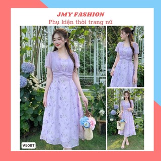 V508 Váy tím hoa nhí dáng xòe đi biển nữ tính [TH Hà Thanh] đầm tơ hoa nhí tím xoắn eo tiểu thư