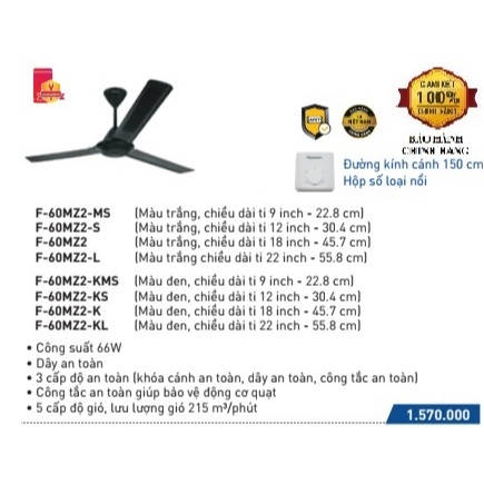 Quạt trần Panasonic 3 cánh màu đen F-60MZ2 có hộp số