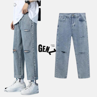 Quần jeans baggy nam dáng dài ống suông rộng vải jeans bò wash rách gối R3 - GenZ Store HN