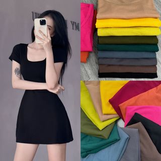 Đầm basic nữ nhẹ nhàng dàng xòe nhẹ tay ngắn cổ vuông vải thun gân co giãn xinh xắn 50-95kg G663