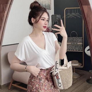 Áo Phông Cổ Tim Tay Ngắn Cánh Dơi Kanimi - AN394 Áo Thun Cổ Tim Nữ Chất Cotton Lụa Siêu Hot