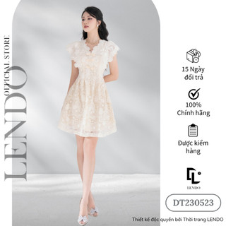 Đầm Váy Ren Công Sở Dự Tiệc LENDO DT230523 Dáng Xòe A Cổ V Tay Chờm Phối Nơ