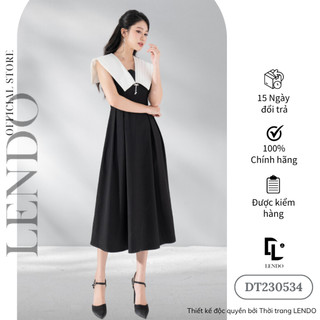 Đầm váy công sở dự tiệc lendo dt230534 midi dáng xòe cổ v cách điệu không tay