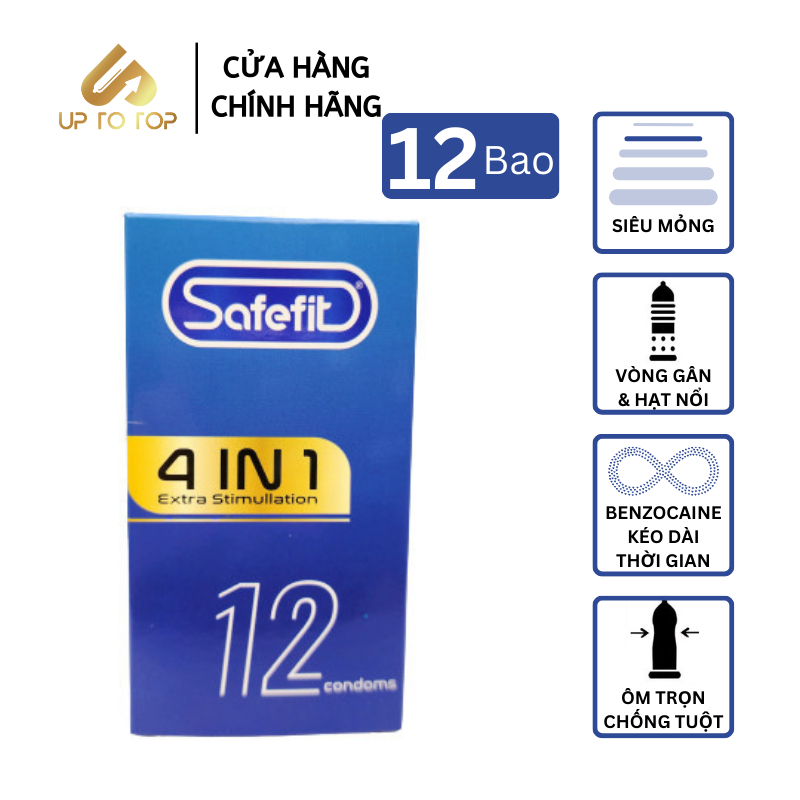 Bao Cao Su SAFEFIT 4in1 Kéo Dài Thời Gian Gai Gân Thiết Kế Siêu Mỏng Ôm Trọn Hộp 12 bao +Tặng Hộp 3