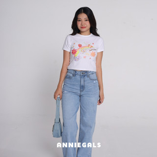 Anniegals - Áo thun trắng croptop in hình cầu vồng - Rainbow Croptee