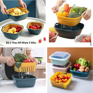 [FREESHIP] BỘ 6 THAU RỔ NHỰA 2 MÀU - RỔ KÈM THAU CÓ NẮP ĐẬY 2IN1
