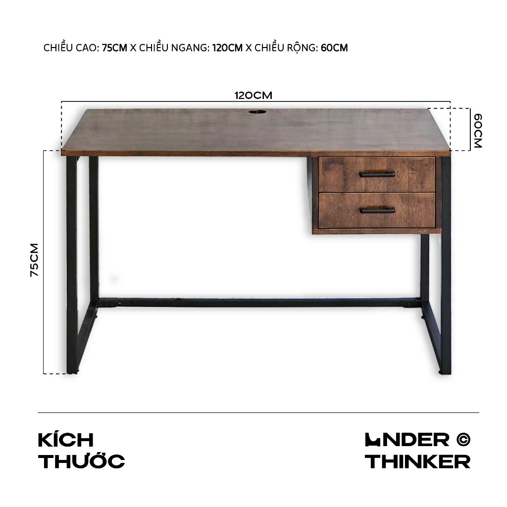 Bàn Gỗ Làm Việc Văn Phòng Cho Học Sinh Sinh Viên Chân Sắt Có Hộc Kéo 120x60x75 cm Mã BLV01 | UnderThinker Decor Revival | BigBuy360 - bigbuy360.vn