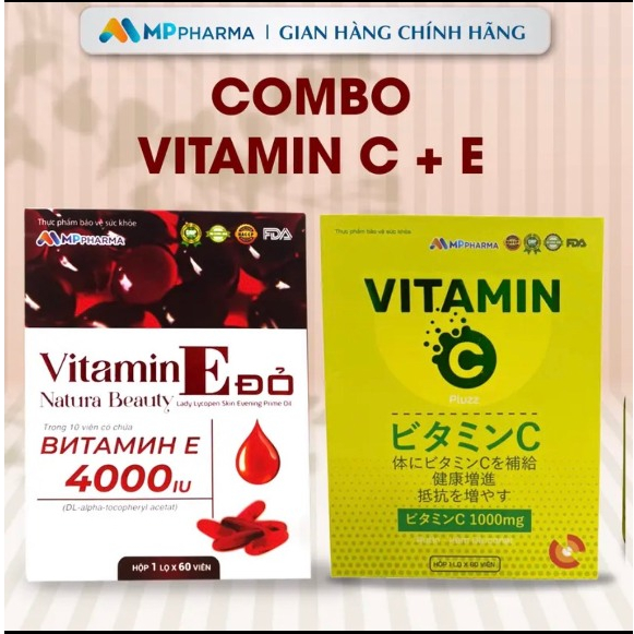 Combo 1 hộp Thực phẩm bảo vệ SK Vitamin E đỏ 4000iu và 1H Vitamin C Plus  - hỗ trợ làm đẹp da
