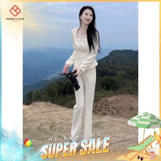 Set bô áo cổ U tay dài quần ống loe thanh lịch SJ1272 - Phong Cách SAIGON