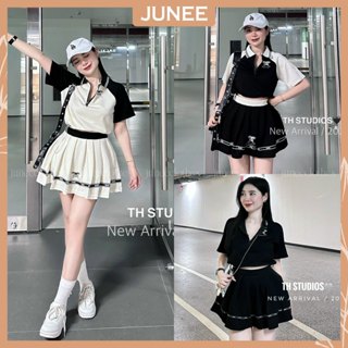 Set Bộ Đồ Nữ CHANE Áo Cổ Bẻ Bo Dệt Kéo Khóa Phối Tay Raglan Gấu Dây Rút Mix Chân Váy Xếp Ly Chạy Dệt Chữ Dáng Freesize