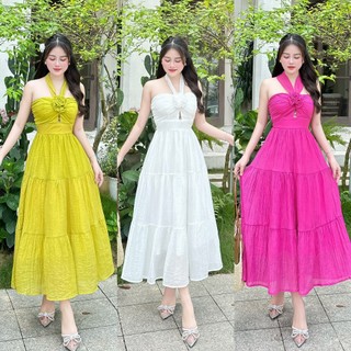 [HÀNG THIẾT KẾ CAO CẤP] Đầm Maxi Cổ Yếm Hở Lưng Nhún Eo Tôn Dáng Đi Biển / Đi Tiệc Sang Trọng