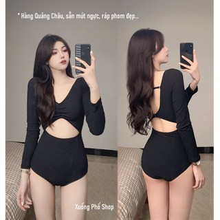 (Hàng Quảng châu) Bikini liền thân, đồ bơi 1 mảnh, Monokini Đen dài tay #21144