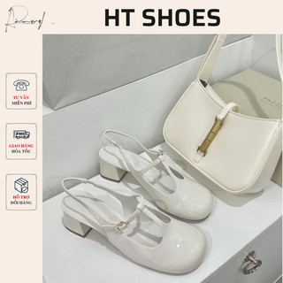 Giày sandal C mũi tròn da Pu trơn bóng đế trụ cao 4cm hở gót phong cách tiểu thư Mary Jane trẻ trung fullbox #8276