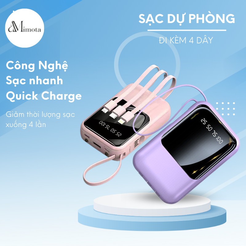  Sạc dự phòng dung lượng 10000mAh có hỗ trợ sạc nhanh có sẵn nhiều dây sạc điện thoại 