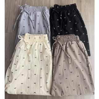 quần ống rộng vải gió [ đũi] nhăn  mềm nhẹ mát hoạ tiết in nơ nhỏ xinh xắn cạp chun lưng cao có dây rút dáng suông
