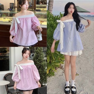 Áo trễ vai babydoll tay bồng kẻ sọc phối nơ trắng dễ thương chất thô mềm, Váy babydoll nữ xoè tiểu thư kẻ xanh hồng