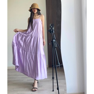 Đầm maxi 2 dây may nhiều tầng phối nút bọc xinh