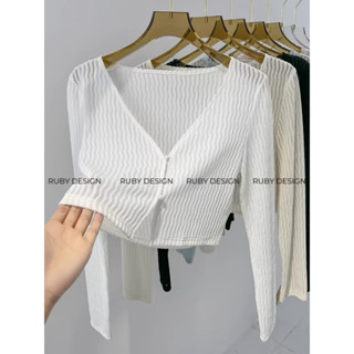 Áo khoác len nữ , áo khoác nữ ren mỏng sóng dọc dài tay dáng croptop cài khuy phong cách Hàn quốc màu trắng kem đen