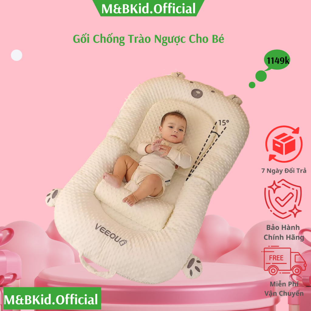 Gối chống trào ngược cho bé M&B gấp gọn rộng rãi kèm phụ kiện nệm và kê chân MK063 - BH 12 tháng