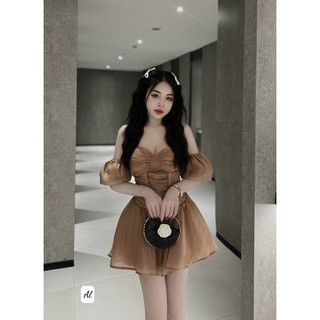 Váy Tơ Tay Bồng Chiết Eo Đan Dây