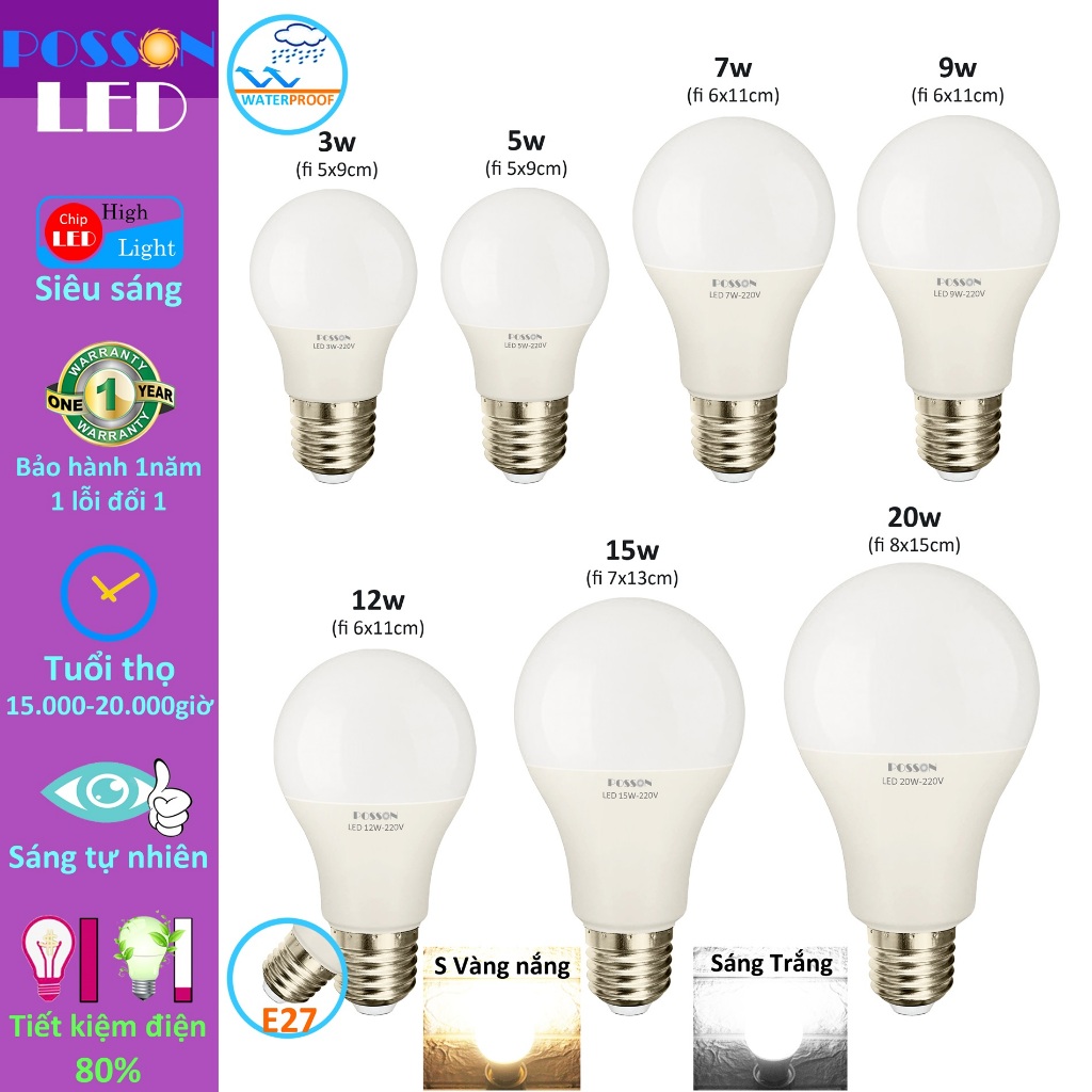 Bóng Đèn Led Tròn 7W 9W 12W 15W 20W Chống Nước Mưa Trang Trí Sáng Vàng Trắng Tiết Kiệm Điện Posson Lb - 3 - 20X