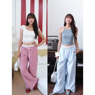 Quần Ống Rộng LANA Hoạ Tiết Caro Phối Cạp Bèo Lưng Thun Minipie