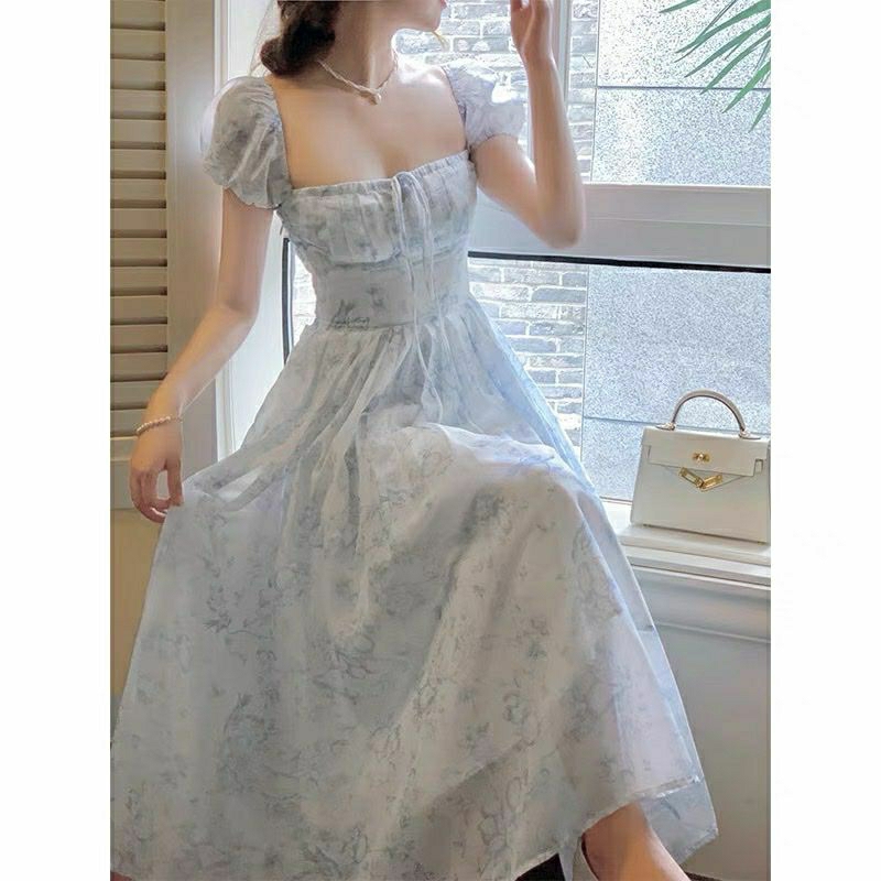 Đầm maxi hoa xanh đi biển [có mút ngực], váy voan xanh dáng dài cổ vuông dự tiệc, đi chơi V029