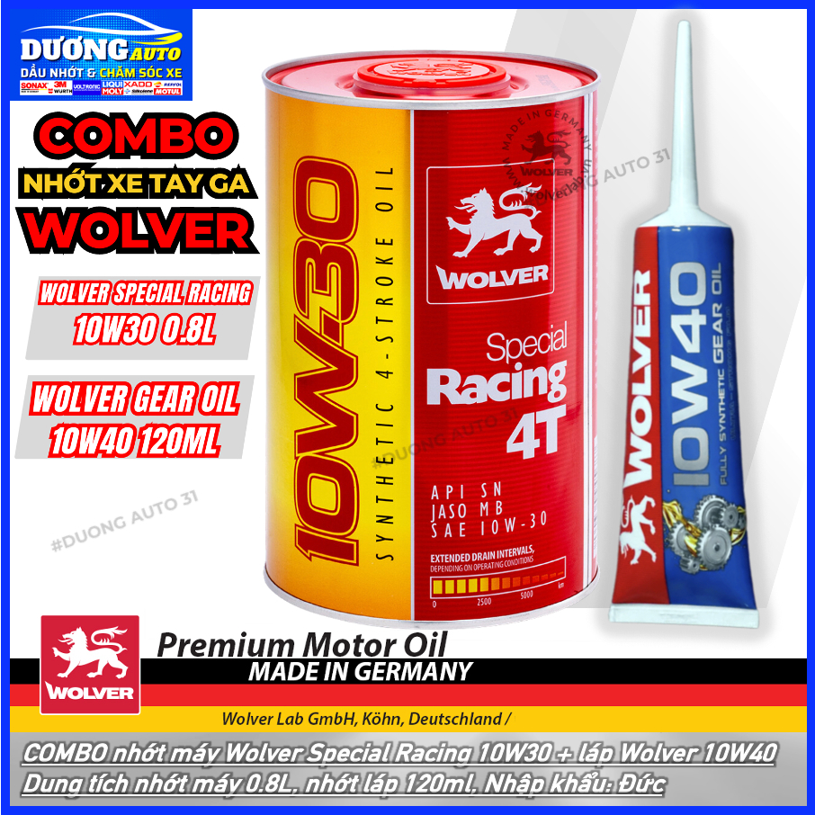 COMBO nhớt xe tay ga Wolver Special Racing 10W30 SN 0.8L, Nhớt láp Wolver 10W40 120ml Fully Syntheti