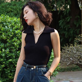 Áo Len Không Tay Cổ Chữ V Cao Cấp, Áo Polo Sát Nách Nữ, Áo Dệt Kim Cổ Thời Trang Phong Cách Hong Kong Thấm Mồ Hôi