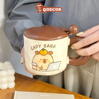 Cốc Ly Sứ Capybara Có Nắp Kèm Thìa Dung Tích 450ml Uống Nước, Uống Trà, Làm Quà Tặng - QDECOR