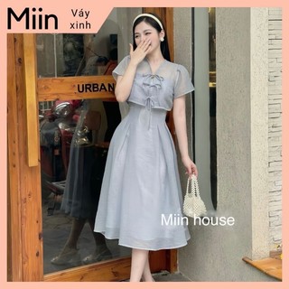 Set áo sơ mi + váy buộc nơ trắng