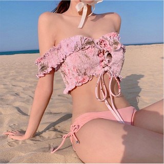 Mẫu mới Bikini Hàn Quốc hai mảnh sexy, cột nơ đan dây trước ngực họa tiết Hoa nhiệt đới