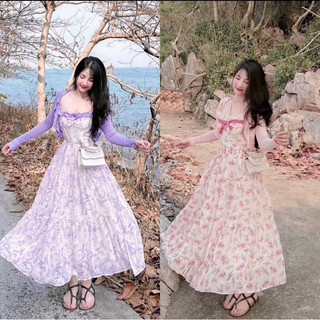 Q385 Set Đầm Nữ Đi Biển 2 Món Gồm Đầm Hai Dây Phối Viền Ren Kết Nơ Trước Kèm Áo Khoác Bèo Tay Dài Dễ Thương Xinh Xắn