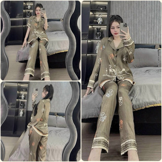 Đồ bộ Pyjama nữ thiết kế in 5D H.M ngựa xanh rêu lụa xước Sam cao cấp